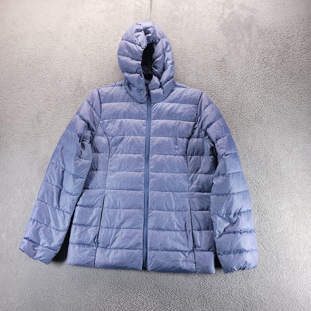 Eddie Bauer Jacket Womens M Blue EB650 Down Puffer Hooded Quilted Zip Pockets